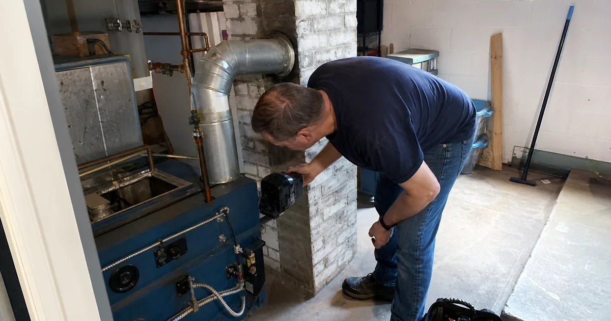 Basement oil furnace connected to a masonry chimney flue