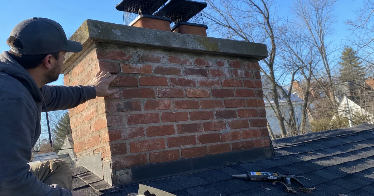 Brick chimney at a roofline showing several potential leak points