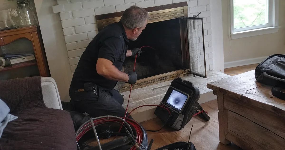 CSIA technician lowering an inspection camera into a chimney flue