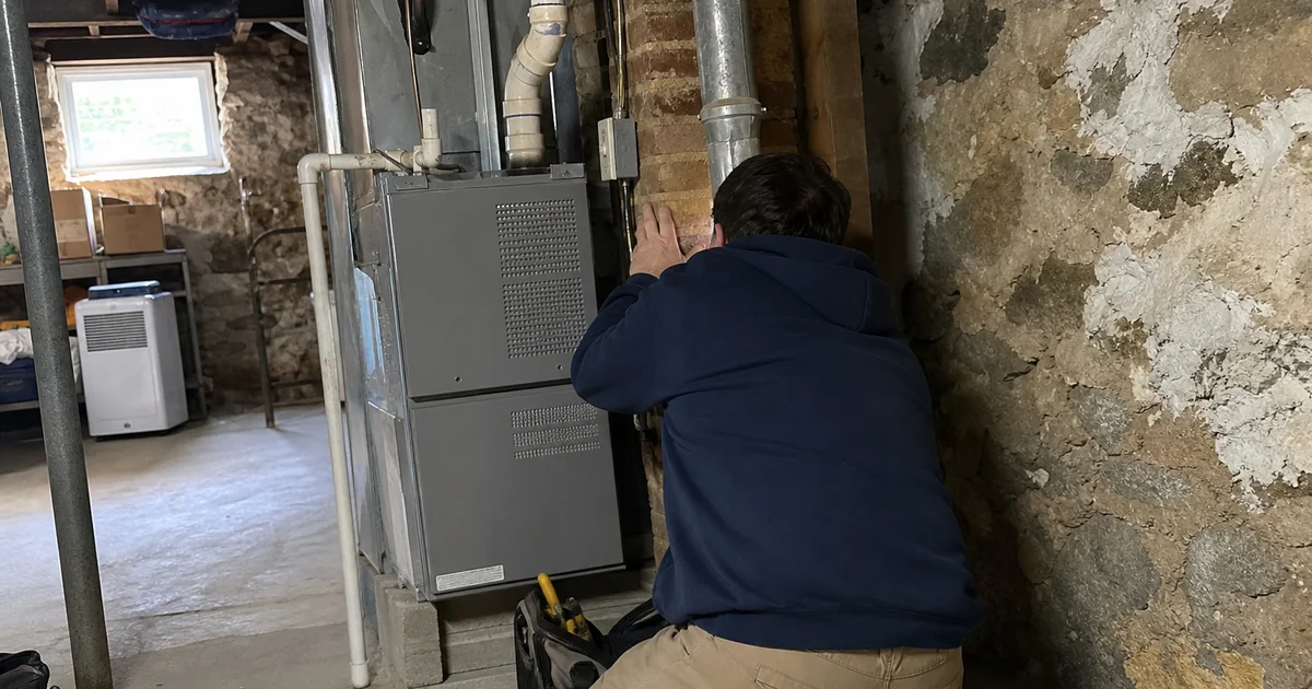 Gas furnace vented into a masonry chimney with a technician checking the connection