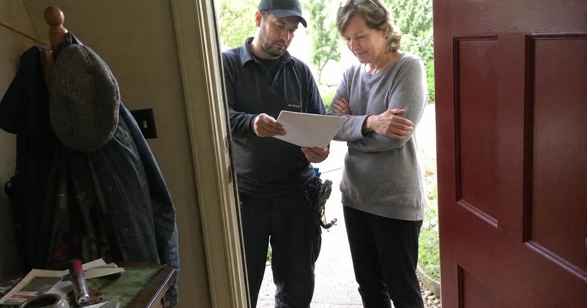 Homeowner at the door reviewing paperwork with a branded, uniformed technician