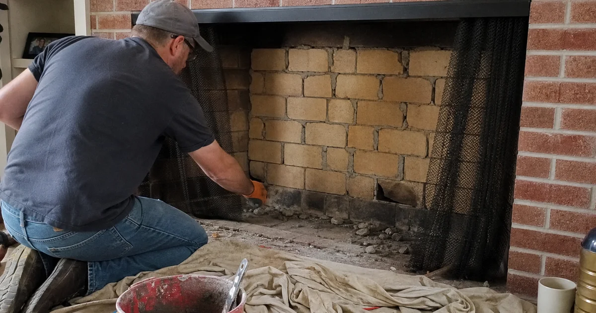 Interior of a fireplace firebox with cracked firebricks and missing mortar