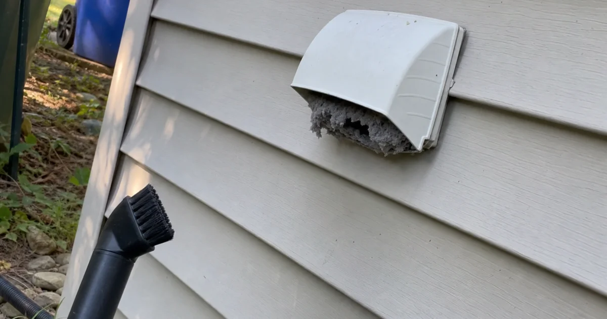 Lint buildup around an exterior dryer vent hood on a home&rsquo;s siding