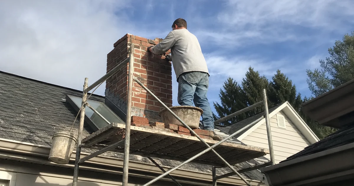 Mason rebuilding a brick chimney above a New England rooftop