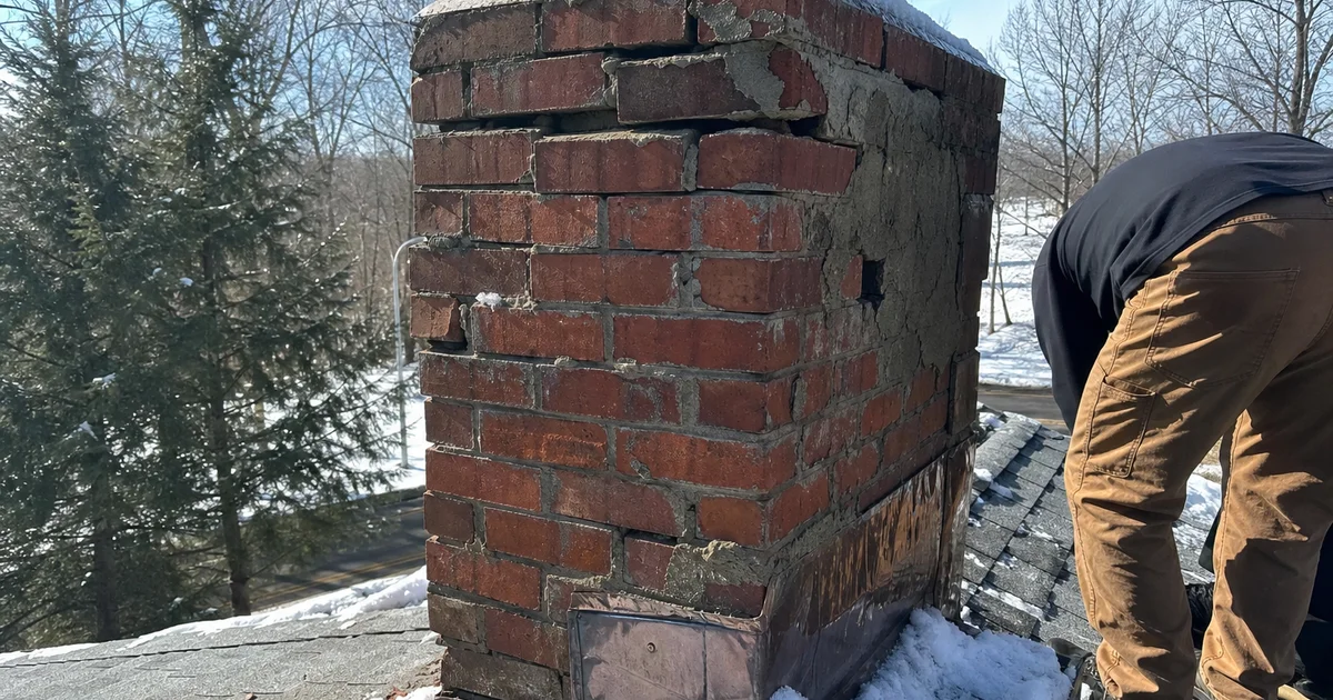 Snow-covered brick chimney on a New England rooftop in winter