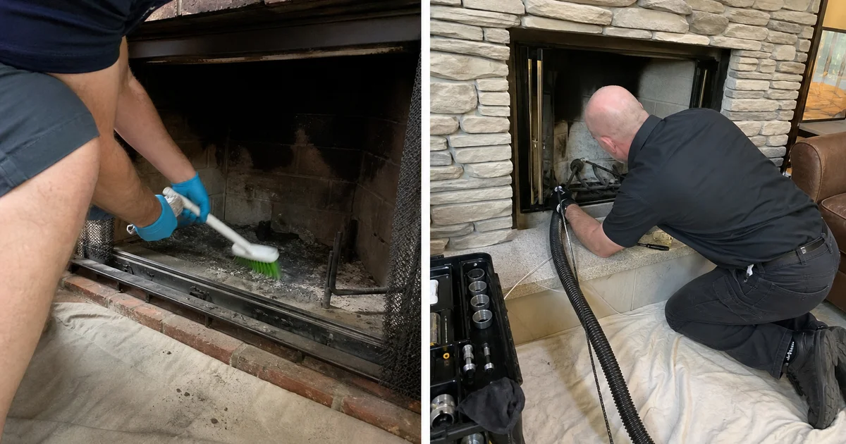 Split-scene comparison of homeowner DIY chimney cleaning versus a CSIA-certified professional sweep