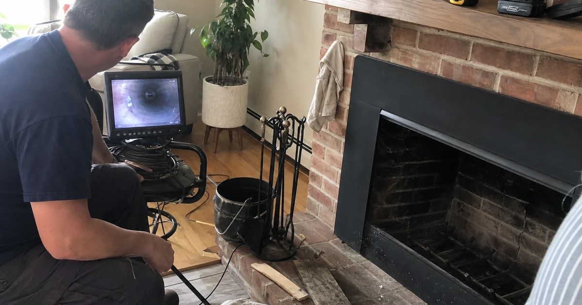 Technician reviewing chimney video scan footage beside a brick fireplace