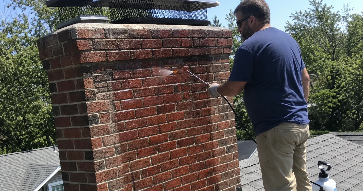 Technician spraying clear water repellent onto a brick chimney