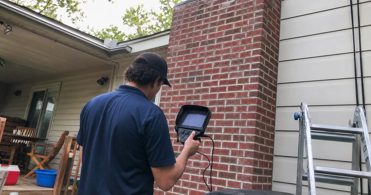 Technician with an inspection camera and report at a home with a brick chimney