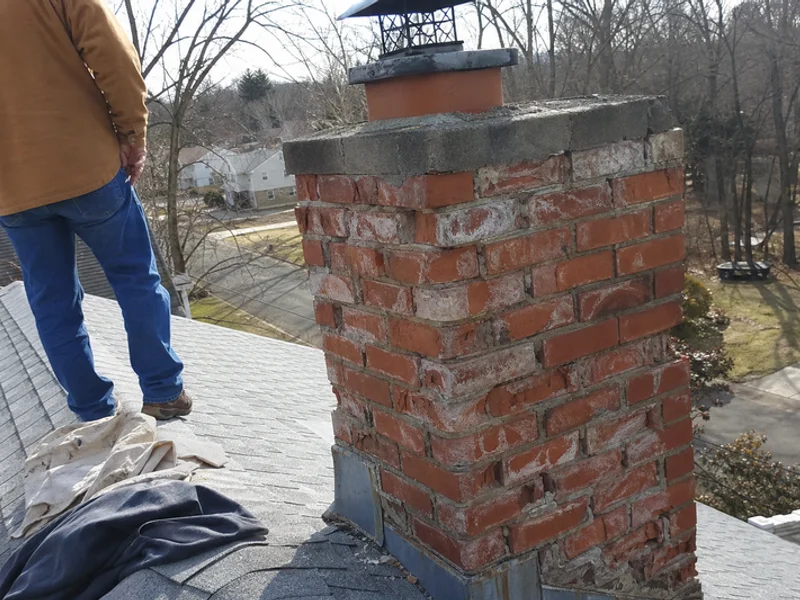 Before photo of chimney with spalling brick and missing mortar