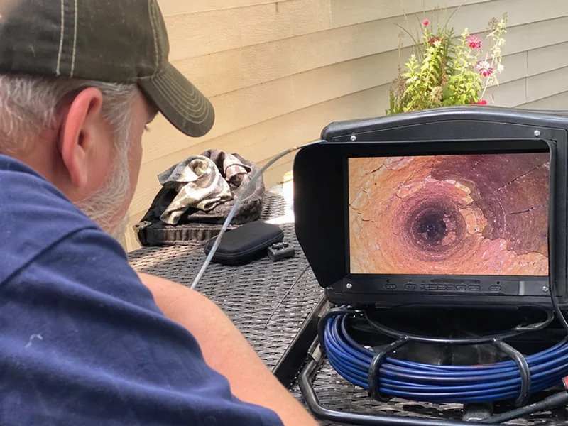 Cracked clay flue tile visible on a video scan monitor