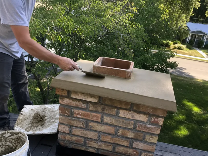 Fresh chimney crown being troweled smooth with proper overhang