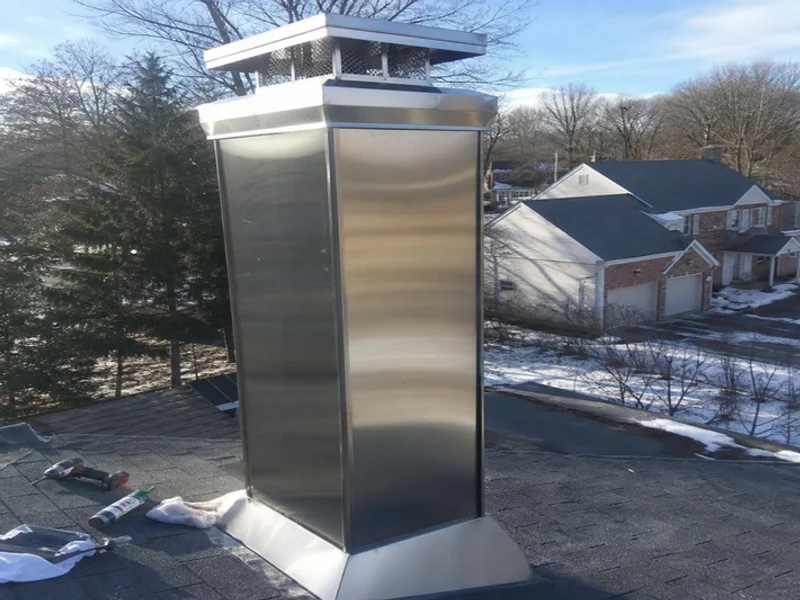 Stainless steel chase cover fitted over a wood-framed chimney chase