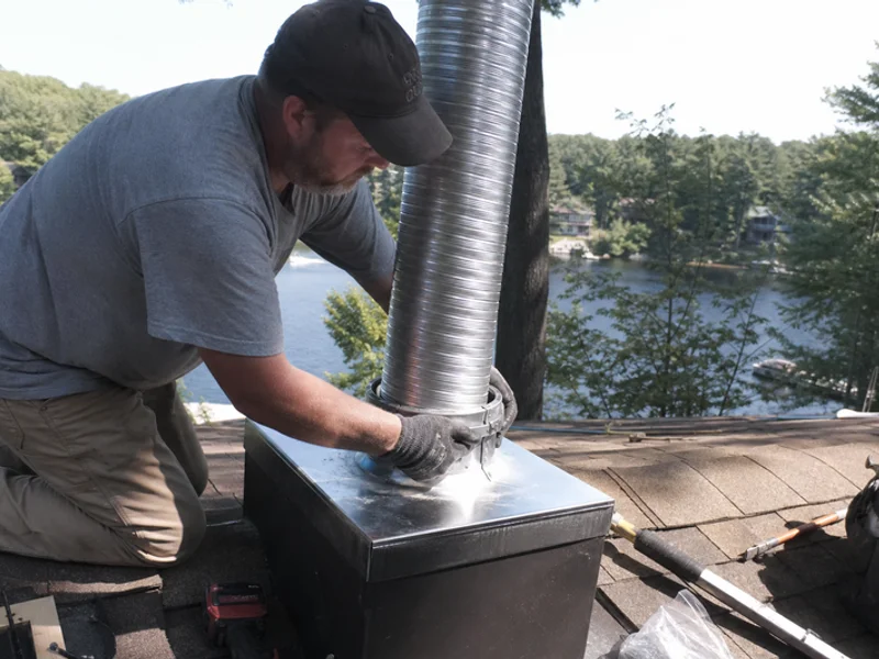 Installer connecting a stainless liner to a new fireplace insert