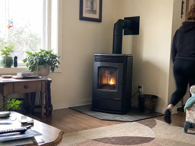 Pellet stove installed on a non-combustible hearth pad
