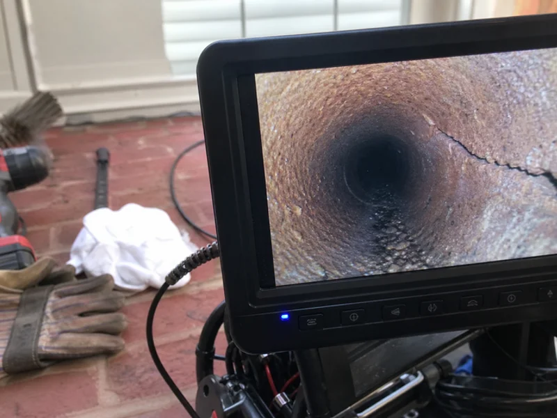 Video scan monitor showing a cracked flue tile inside a chimney