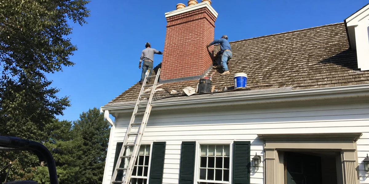 Chimney masonry crew finishing a rebuild on a historic Connecticut home