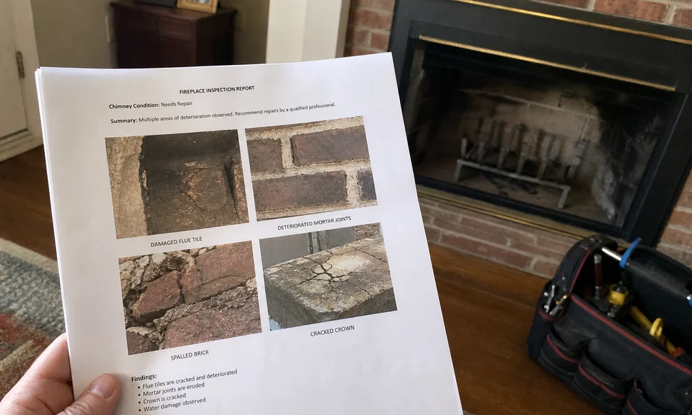 Chimney inspection report with annotated damage photos