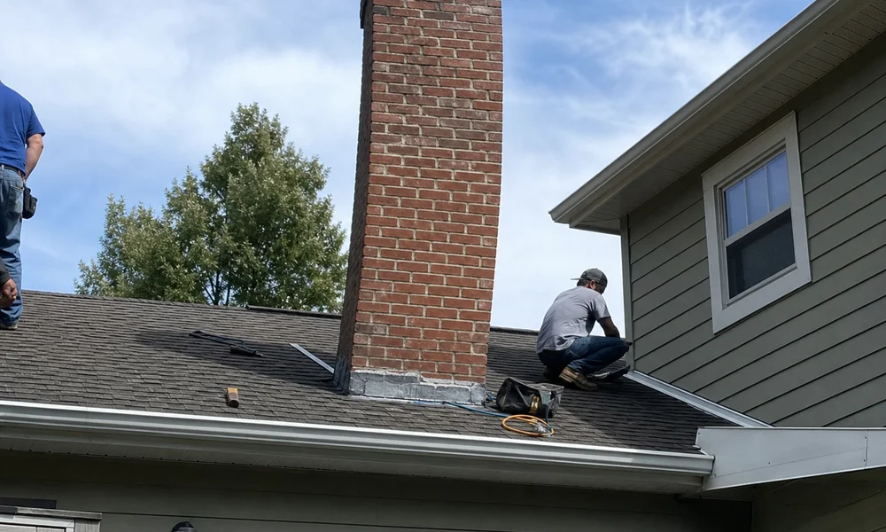 Chimney visibly leaning off plumb, viewed from ground level