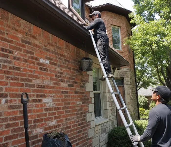 Chimney sweep crew cleaning the roof after finishing a masonry repair job
