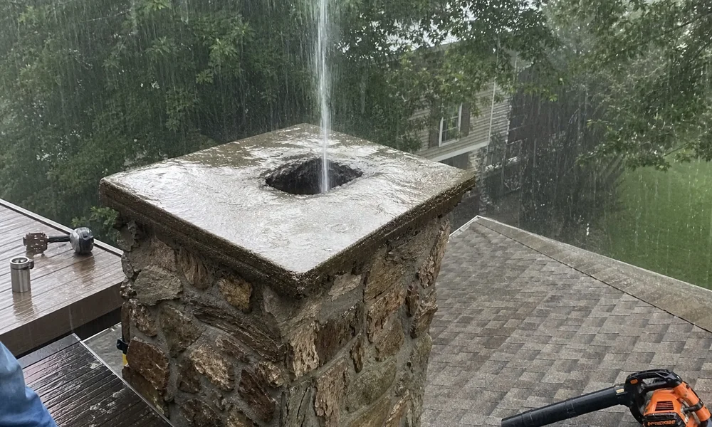 Chimney with a missing cap during a downpour, water entering the flue