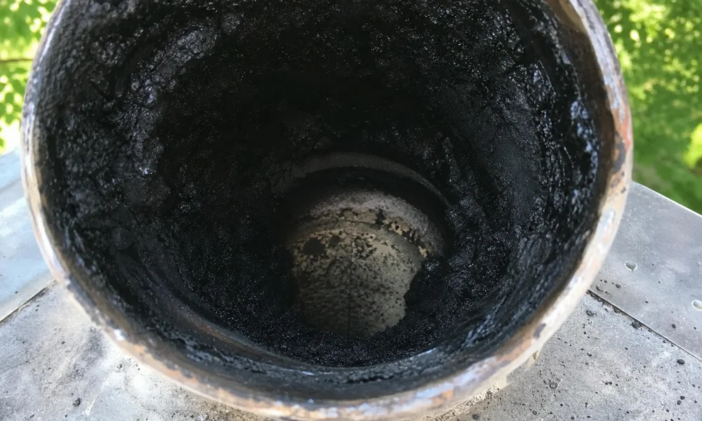 Close-up of black creosote staining at the top of a chimney flue