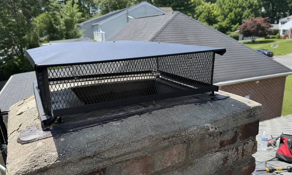 Close-up of a chimney cap mesh screen keeping out debris