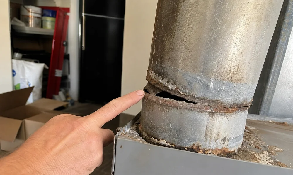 Close-up of a corroded furnace flue pipe connection