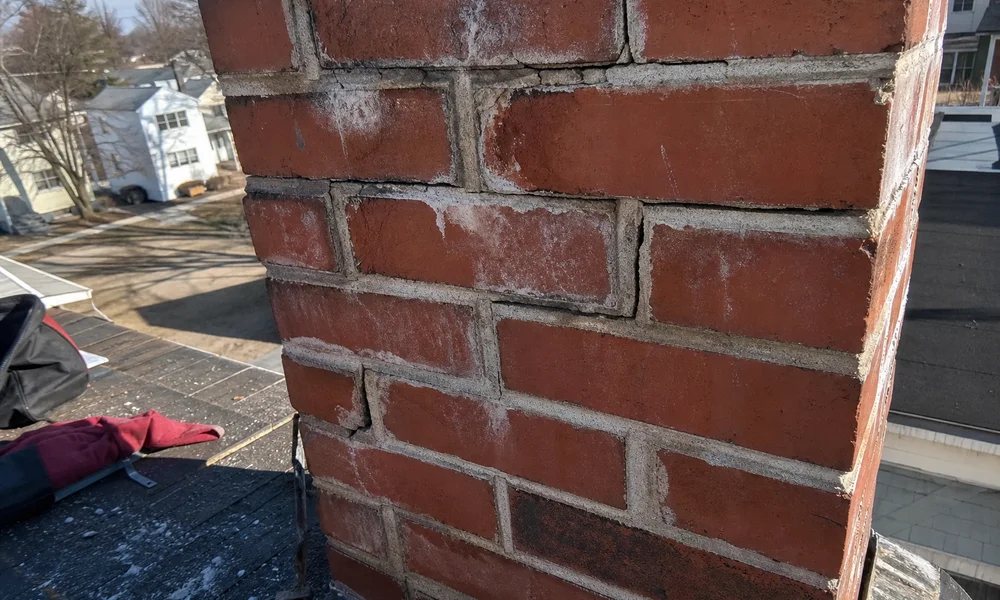 Close-up of frost and cracking in brick mortar joints