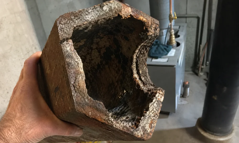 Corroded clay flue tile from oil burner condensation damage