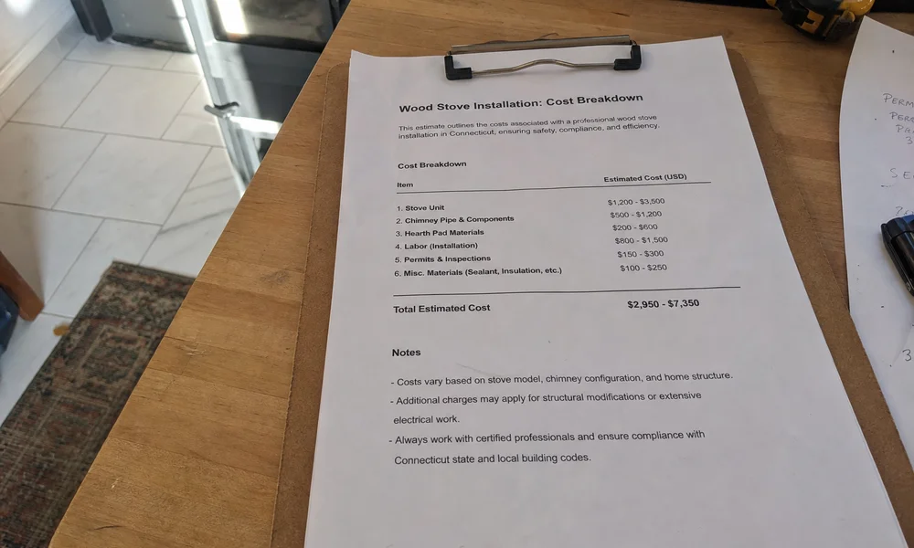 Cost-range chart for wood stove installation in Connecticut