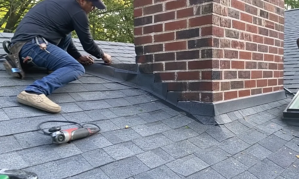 Cricket saddle behind a wide chimney diverting water away