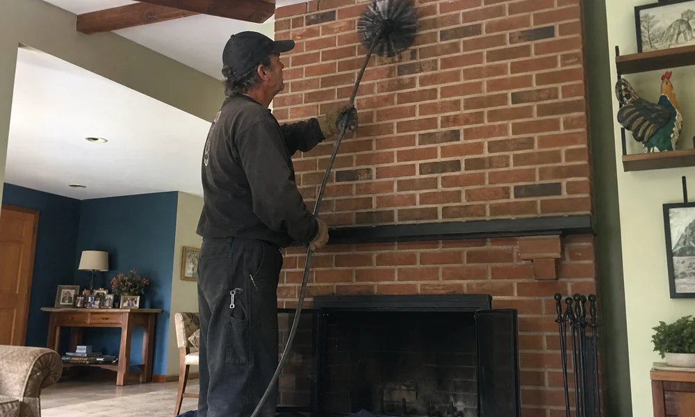 CSIA certified chimney sweep working on a brick chimney in early autumn