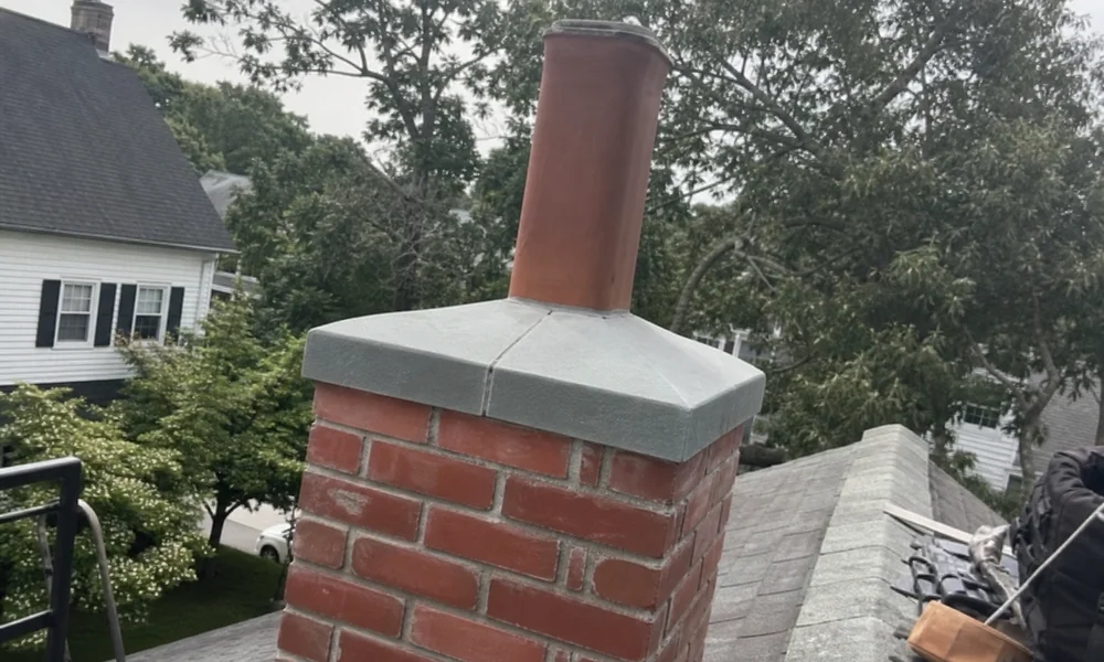 Decorative bluestone chimney top on a historic brick chimney