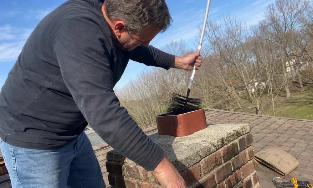 Homeowner attempting DIY chimney sweeping from the roof