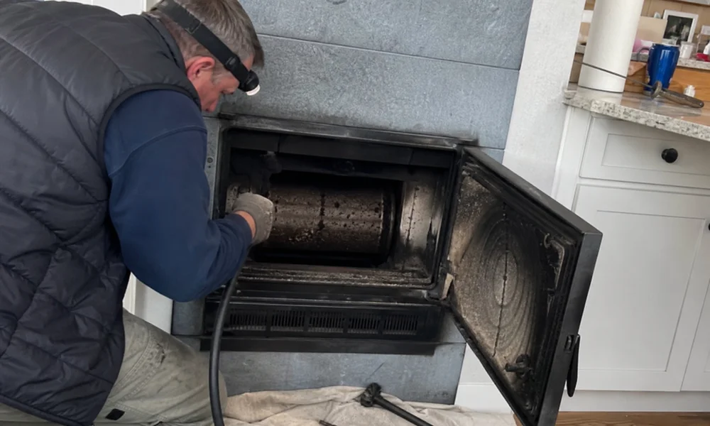 Interior of an oil flue with corrosive soot deposits