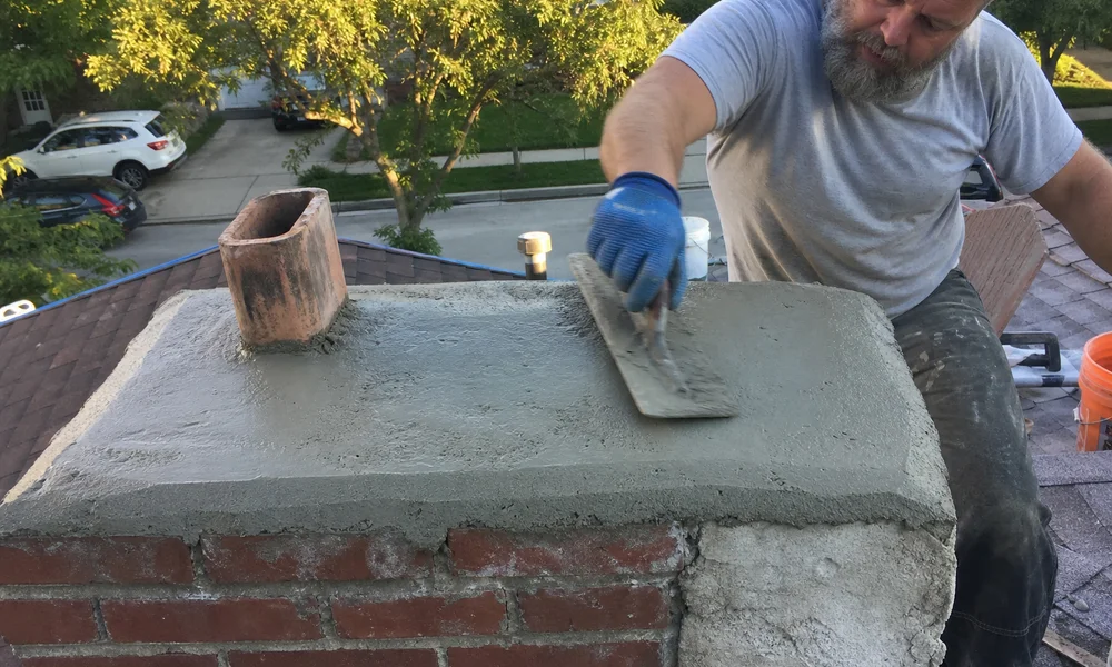 Mason applying fresh crown material to the top of a chimney