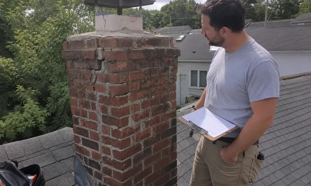 Mason assessing a deteriorated chimney with a clipboard