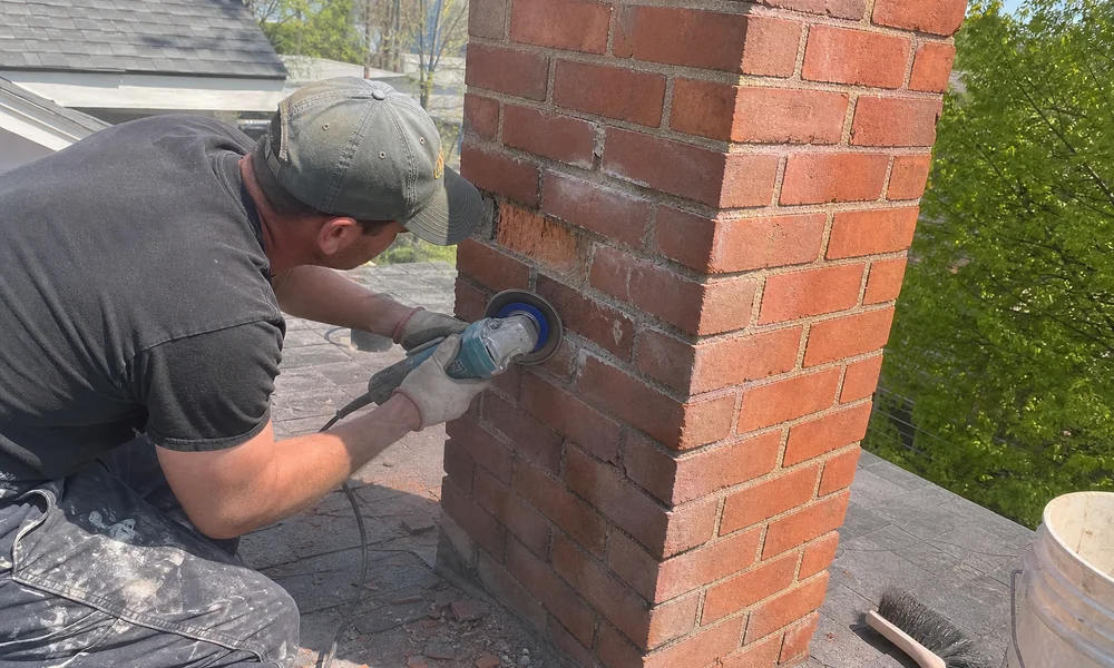 Mason grinding out failed mortar with an angle grinder