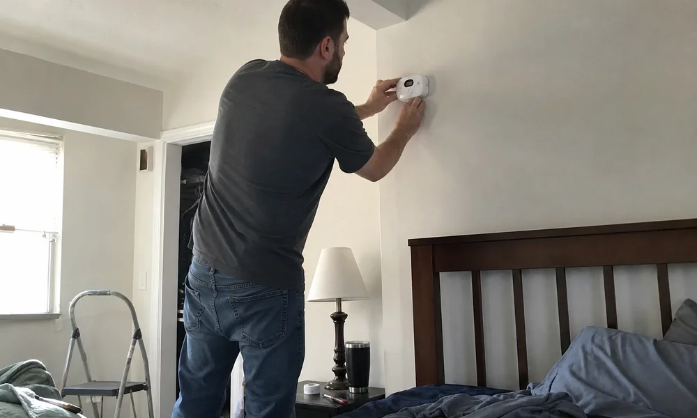 Homeowner installing a carbon monoxide detector in a bedroom