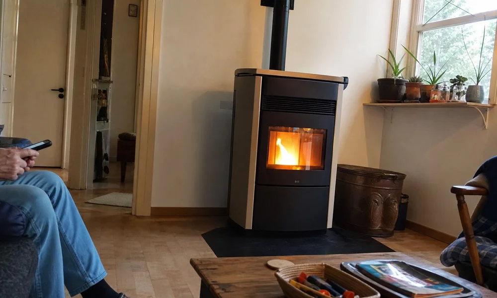 Modern pellet stove with a full hopper running in a living room