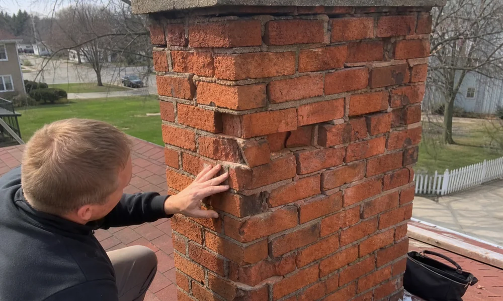 Porous, spalling brick chimney absorbing rainwater