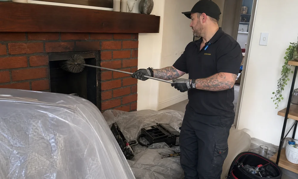 Rotary sweeping brush fed into a chimney flue by a technician in branded uniform