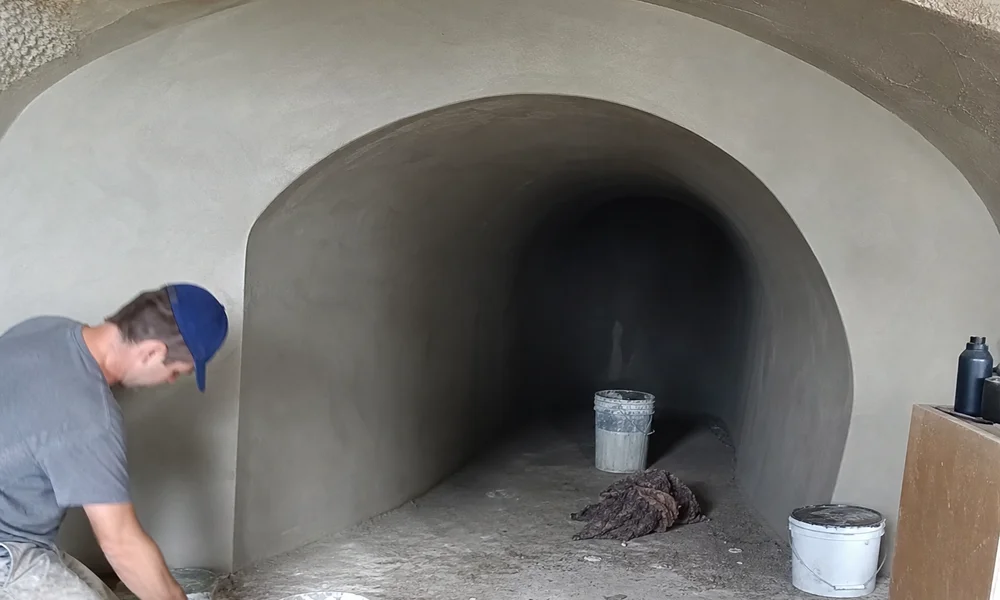 Smoke chamber parging being applied to smooth corbelled walls