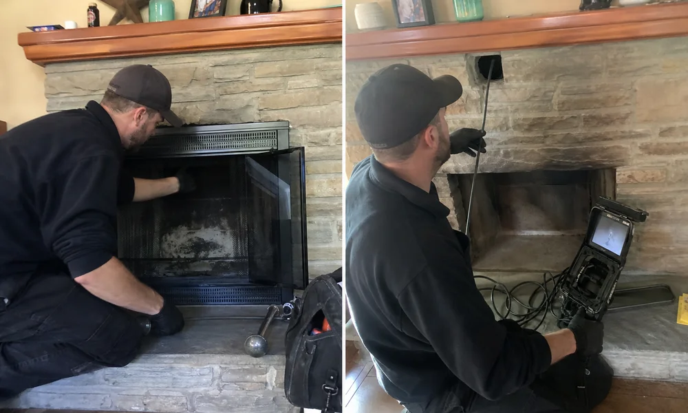 Split view of a simple visual chimney check versus a camera scan inside a flue