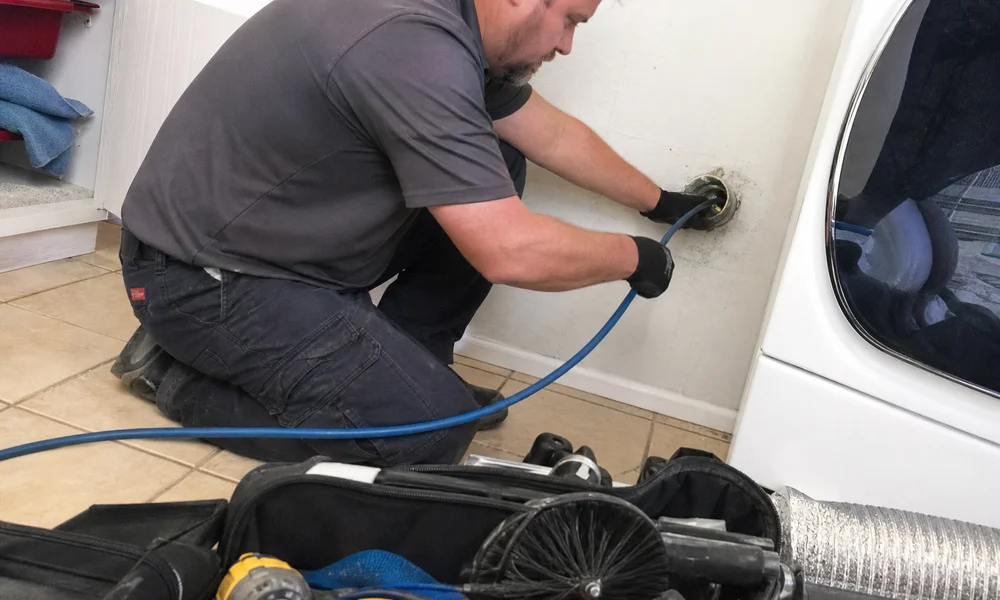 Technician cleaning a dryer vent duct with a specialized brush
