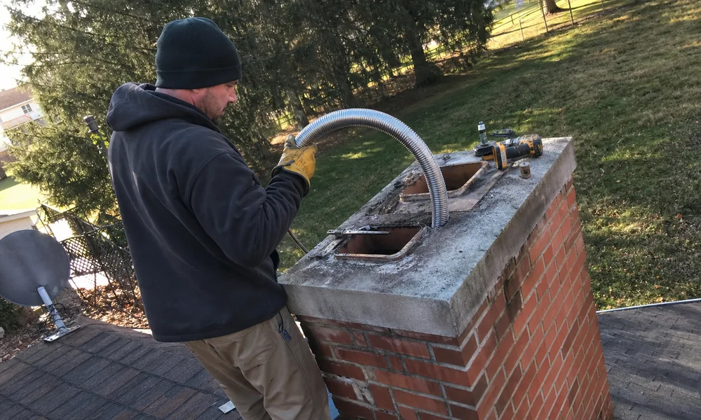 Technician feeding a flexible stainless liner into a masonry chimney