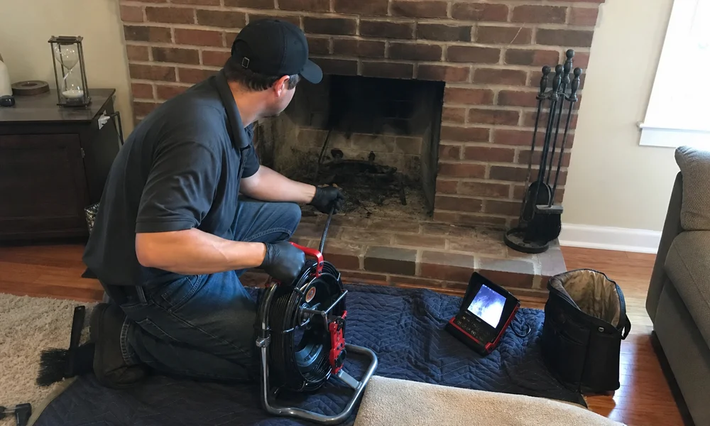 Technician performing a Level 2 video inspection of a chimney