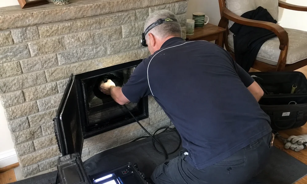 Technician inspecting a chimney flue for blockages with a video camera