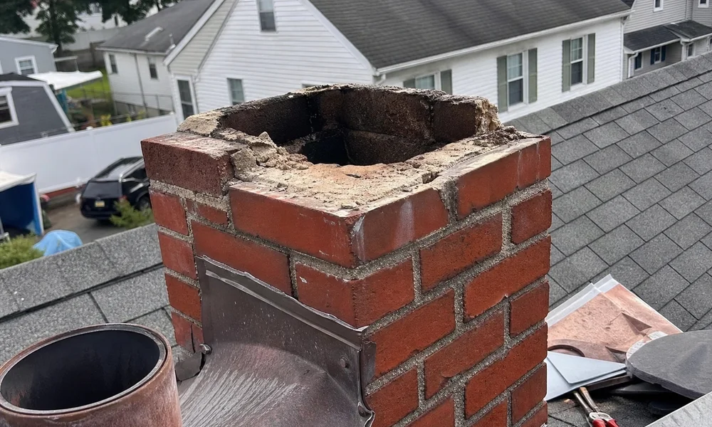 Top of a chimney with a missing cap letting in rain